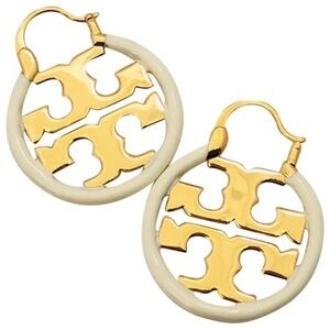 Tory Burch Gold Logo on White Hoop Earrings